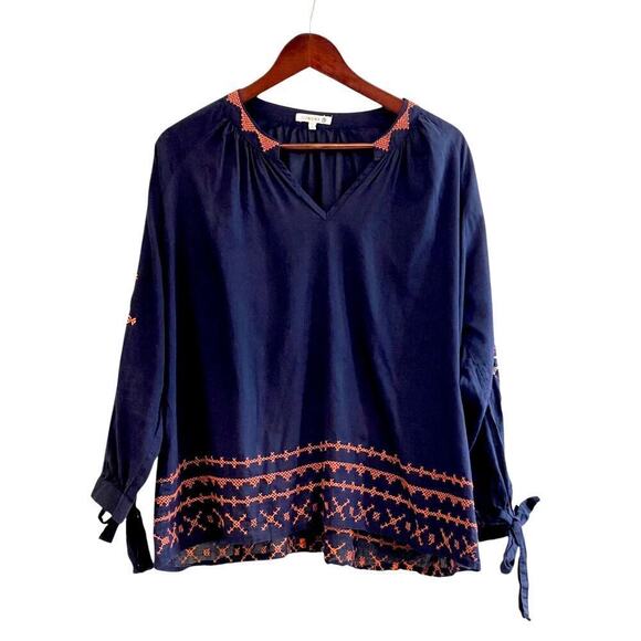 Sundry Embroidered Tied Cuffs Navy Blue Embroidered Blouse Sz 3 (8-10 US Medium) - Picture 1 of 8